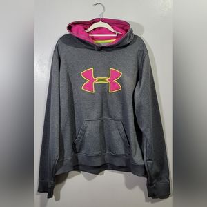 EUC Under Armour XL UA Storm hoodie in gray with pink emblem and lining.